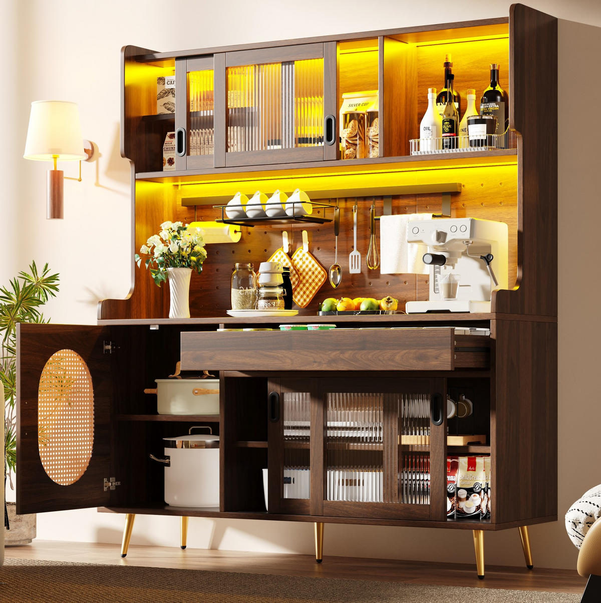 BUFFETSCHRANK aus MDF 145/39/171 cm mit LED-Beleuchtung und Lochwand, Braun - Braun, Holzwerkstoff (145/171/39cm) - Redom