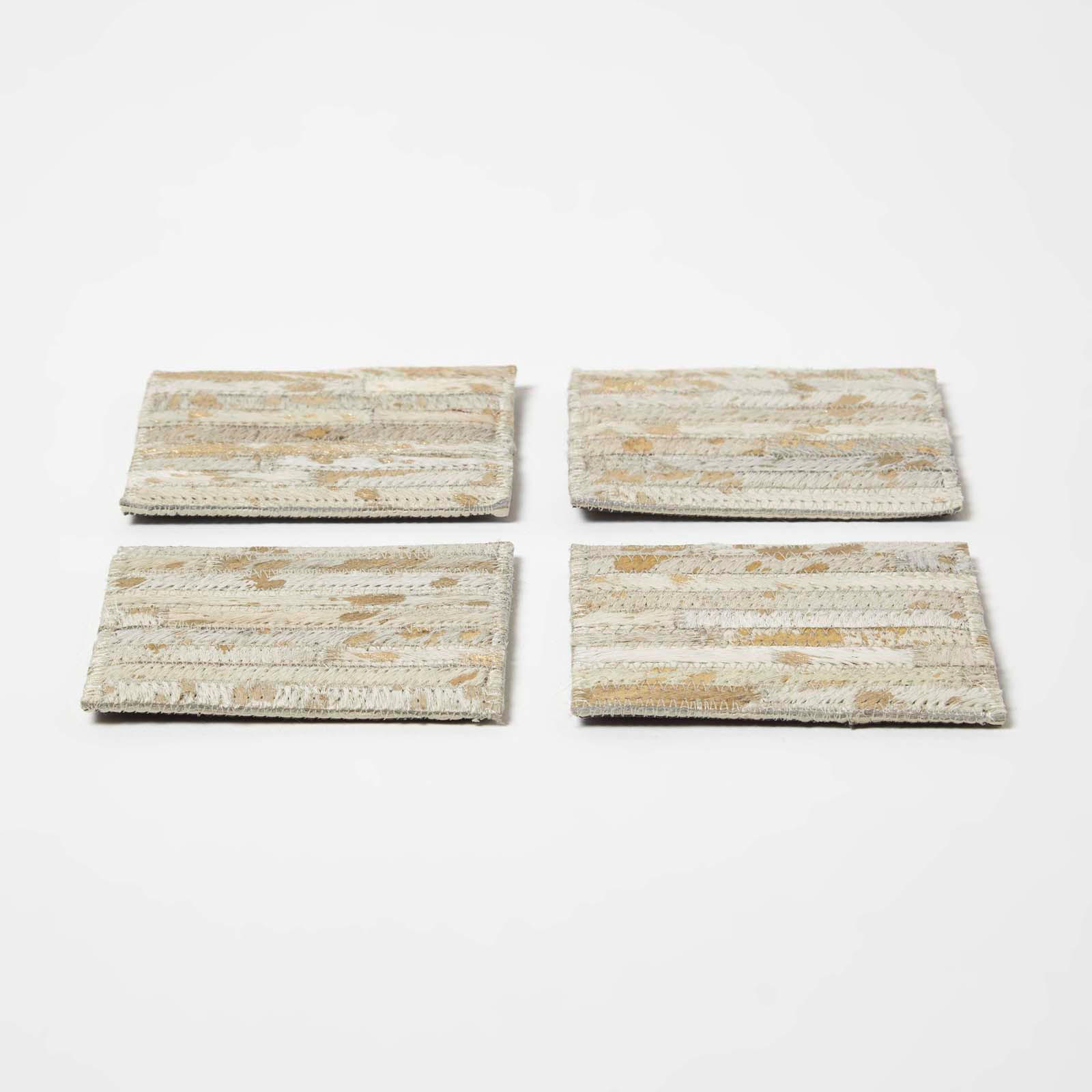 UNTERSETZER 4er-Set grau-gold, Patchwork-Streifen, Fell & Leder, 10/10 cm - Grau, Leder (10/10cm) - Homescapes
