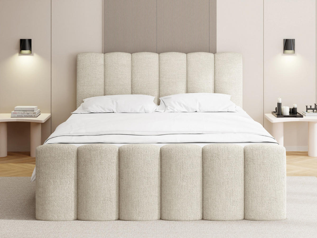 BOXBETT Serenity mit Bettkasten, Creme Chenille 160x200 cm – inkl. H4 Taschenfederkern Matratze & Foam Topper - Creme/Schwarz, Holz/Holzwerkstoff (160/200cm) - WFL GROUP