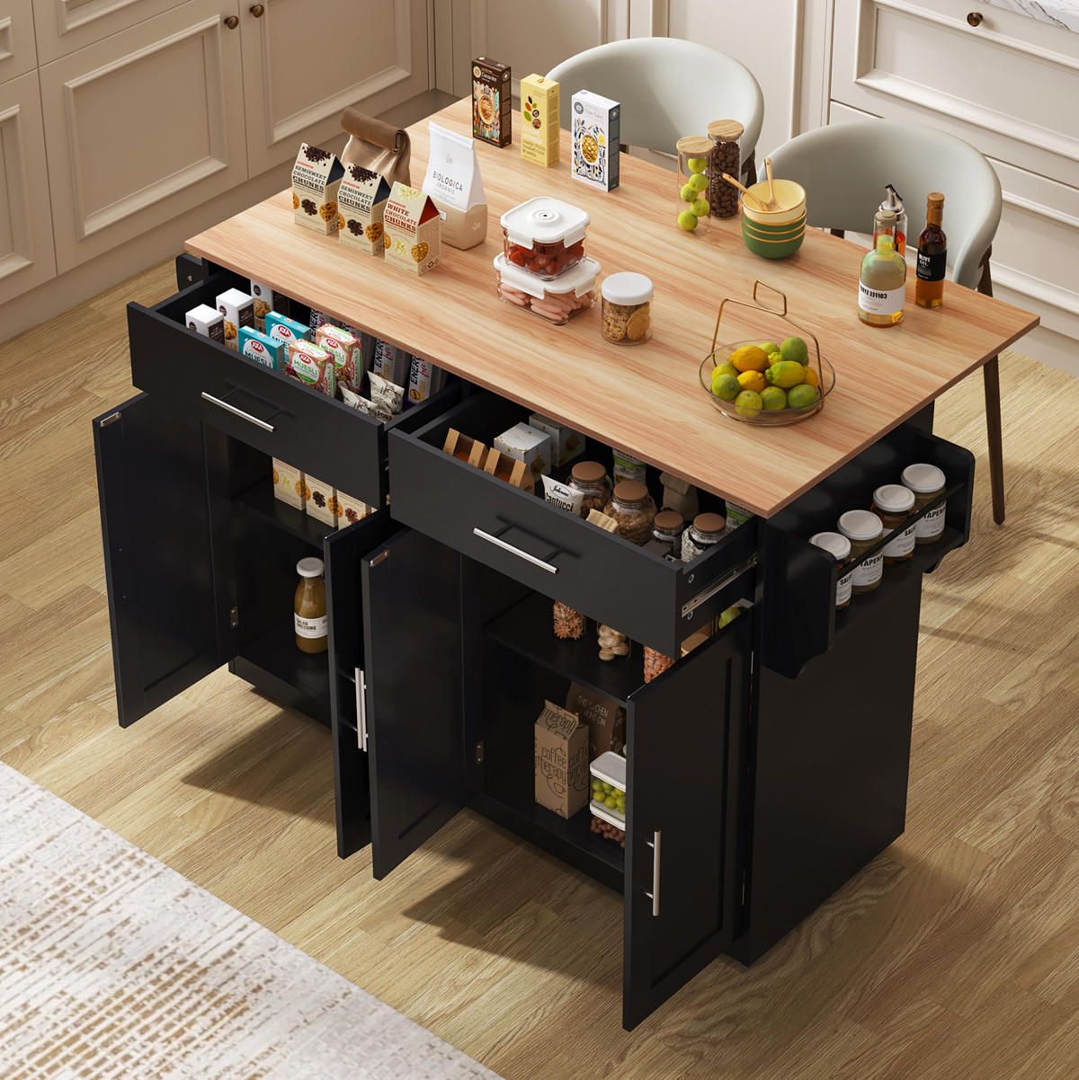 KÜCHENINSEL 120/91,5/46 cm Schwarz/Natur aus MDF mit klappbarer Tischplatte - Schwarz, Holzwerkstoff (71/91.5/120cm) - OKMYHOME