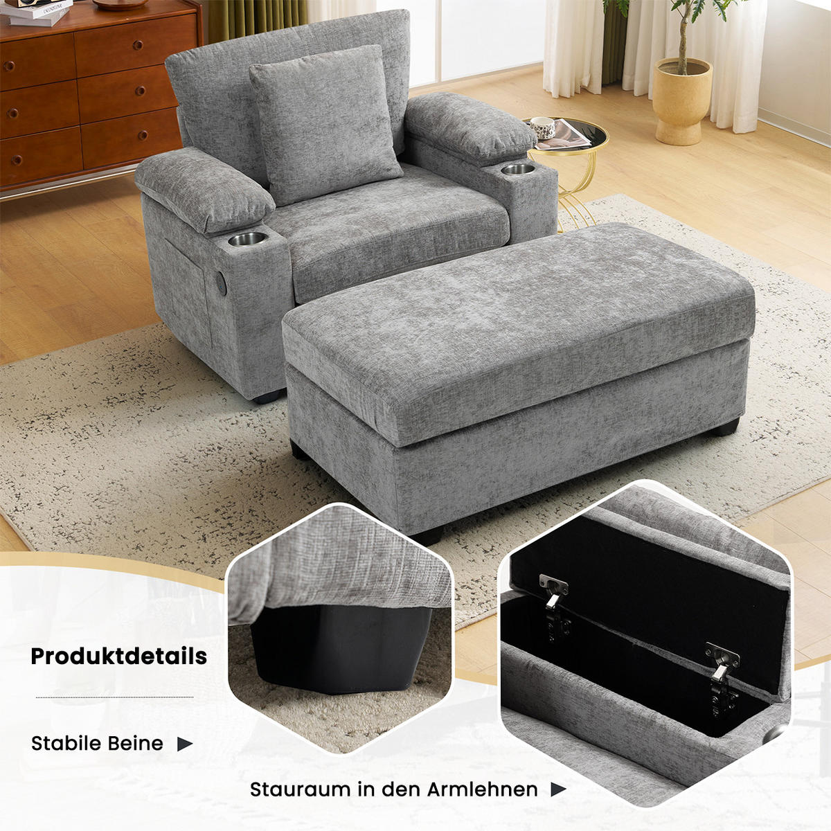 SESSEL DE-35287 mit USB und Getränkehalter Grau - Grau, Textil (98/83/148cm) - ComfortXL