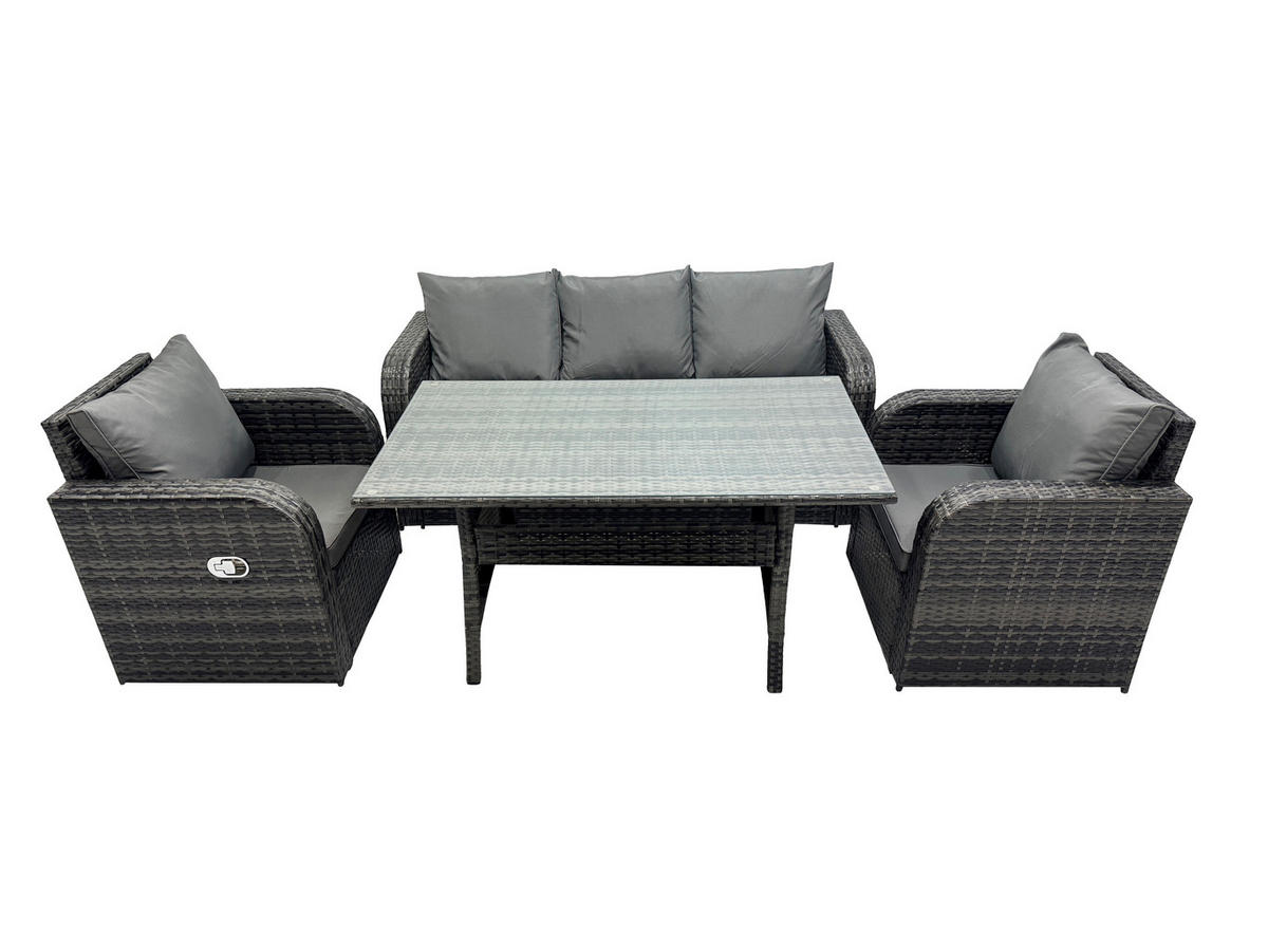 GARTENGARNITUR mit Liegestuhl Polyrattan Dunkelgrau 5-Sitzer - Dunkelgrau/Grau, Glas/Kunststoff - Fimous