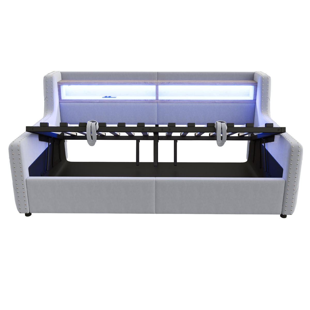 POLSTERBETT 90/200 cm DE-02101, in Hellgrau, mit Sofafunktion, LED und Hydraulik - Hellgrau, Metall (90/200cm) - ComfortXL