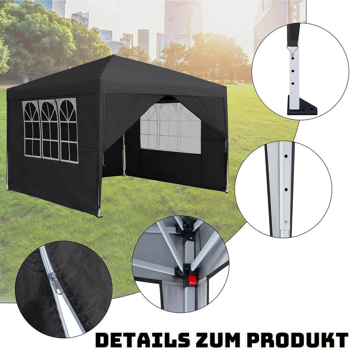 FALTPAVILLON 3 x 3 m Anthrazit mit 4 Seitenteilen und Fenstern - Schwarz, Textil (300/260/300cm)