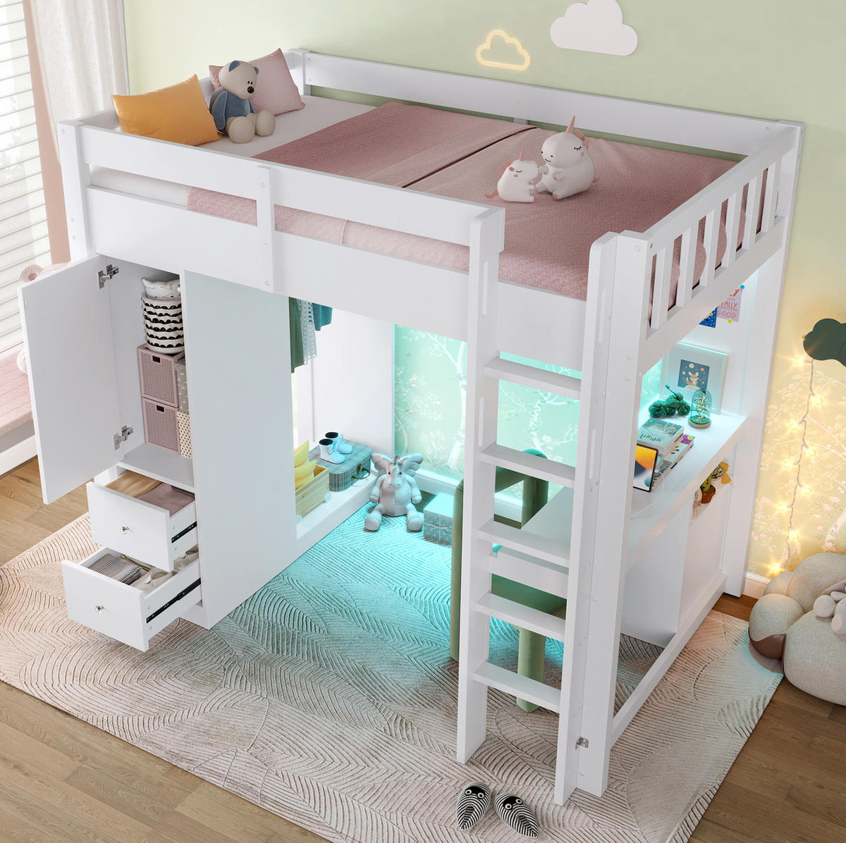 HOCHBETT 90/200 cm aus Massivholz und MDF mit Schreibtisch, LED, USB, 4 Schubladen und Kleiderschrank, Weiß - Weiß, Holzwerkstoff (90/200cm) - Redom