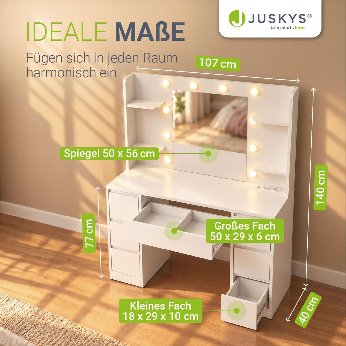 SCHMINKTISCH Malia mit LED - Weiß, Holz (107/140/40cm) - Juskys