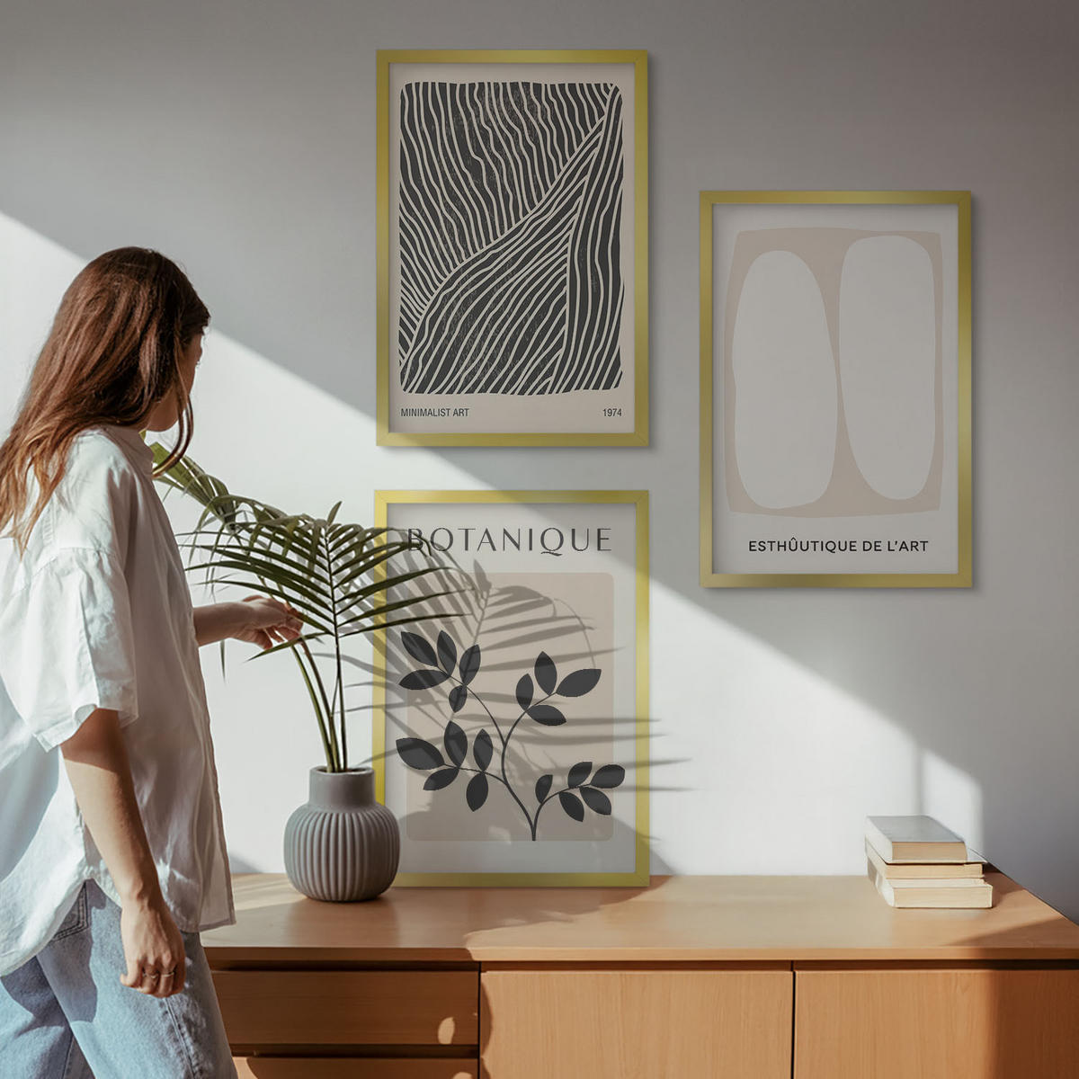 WANDBILDER 3er Set - 40x60 cm Goldrahmen - Pflanzenmuster und Linien - Goldfarben, Kunststoff (40/60cm) - ArtPrintCave