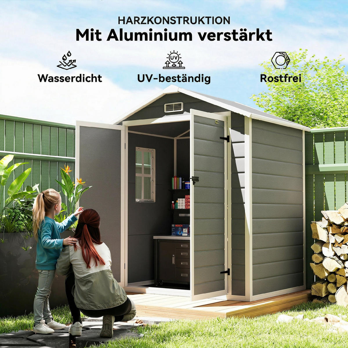 GERÄTESCHUPPEN DE-08099 abschließbar mit Doppeltür & Fenster Grau - Grau, Metall (183/210/134cm) - ComfortXL