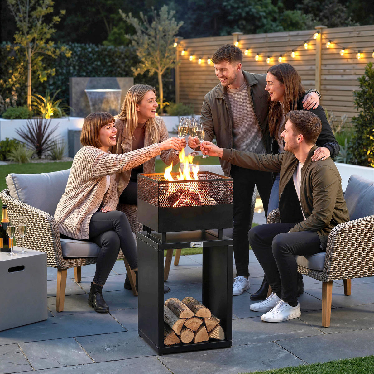 FEUERSCHALE DE-10551 Turmdesign mit Holzlager Schwarz - Schwarz, Metall (39/87/39cm) - ComfortXL