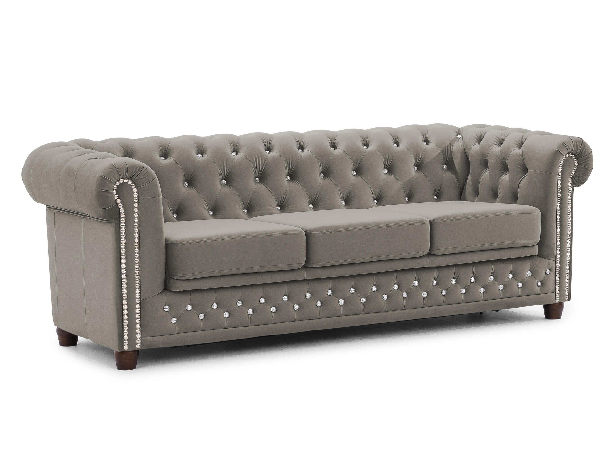 CHESTERFIELD-SOFA 3-Sitzer mit Schlaffunktion Cleo Blink Grau Samt mit Kristallsteppung und braunen Massivholzfüßen - Braun/Grau, Holz/Textil (203/72/86cm) - S-Style Möbel
