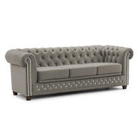CHESTERFIELD-SOFA 3-Sitzer mit Schlaffunktion Cleo Blink Grau Samt mit Kristallsteppung und braunen Massivholzfüßen - Braun/Grau, Holz/Textil (203/72/86cm) - S-Style Möbel