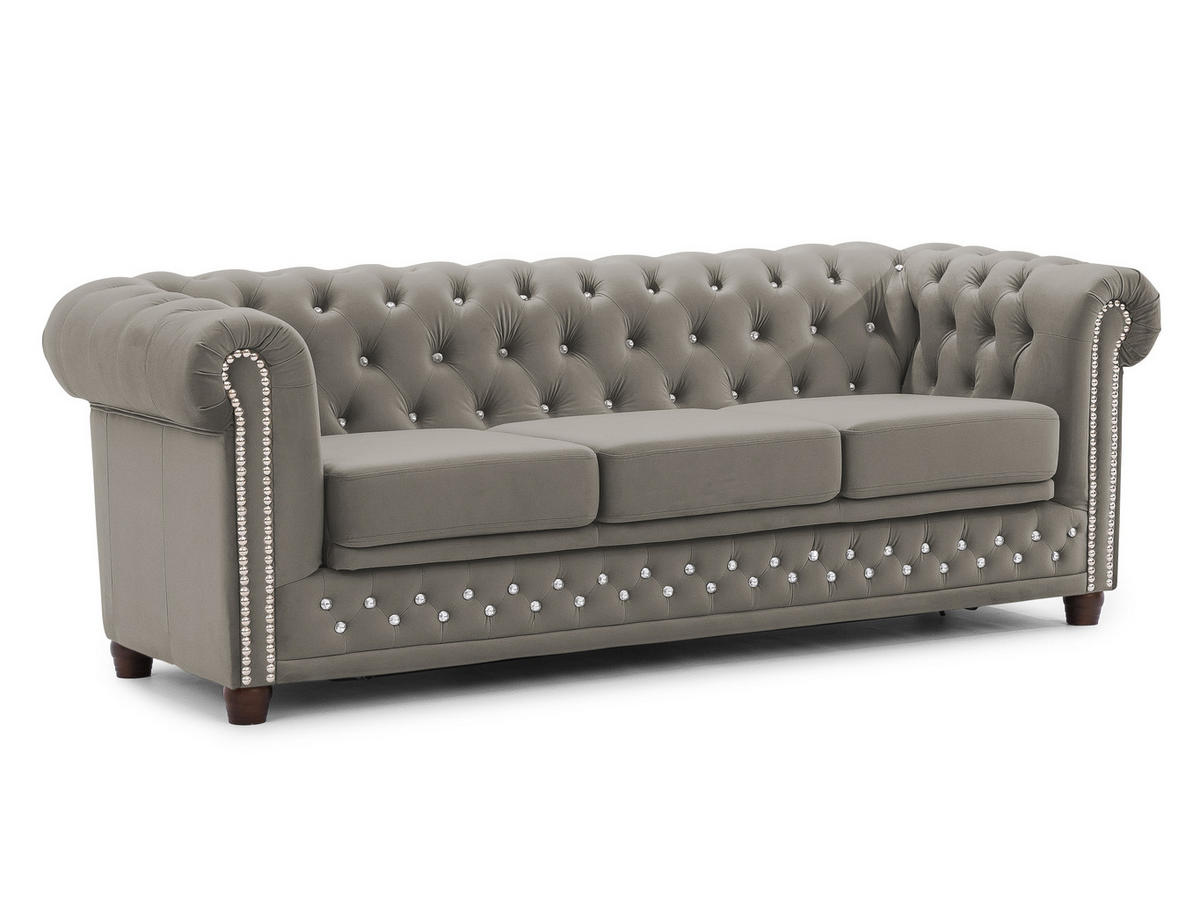 CHESTERFIELD-SOFA 3-Sitzer mit Schlaffunktion Cleo Blink Grau Samt mit Kristallsteppung und braunen Massivholzfüßen - Braun/Grau, Holz/Textil (203/72/86cm) - S-Style Möbel