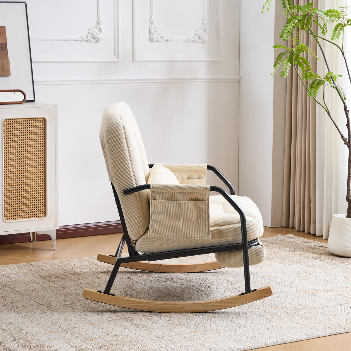 SCHAUKELSTUHL Beige Cord mit Fußstütze und Lendenkissen - Beige, Textil (87/89/88cm) - Oxeza
