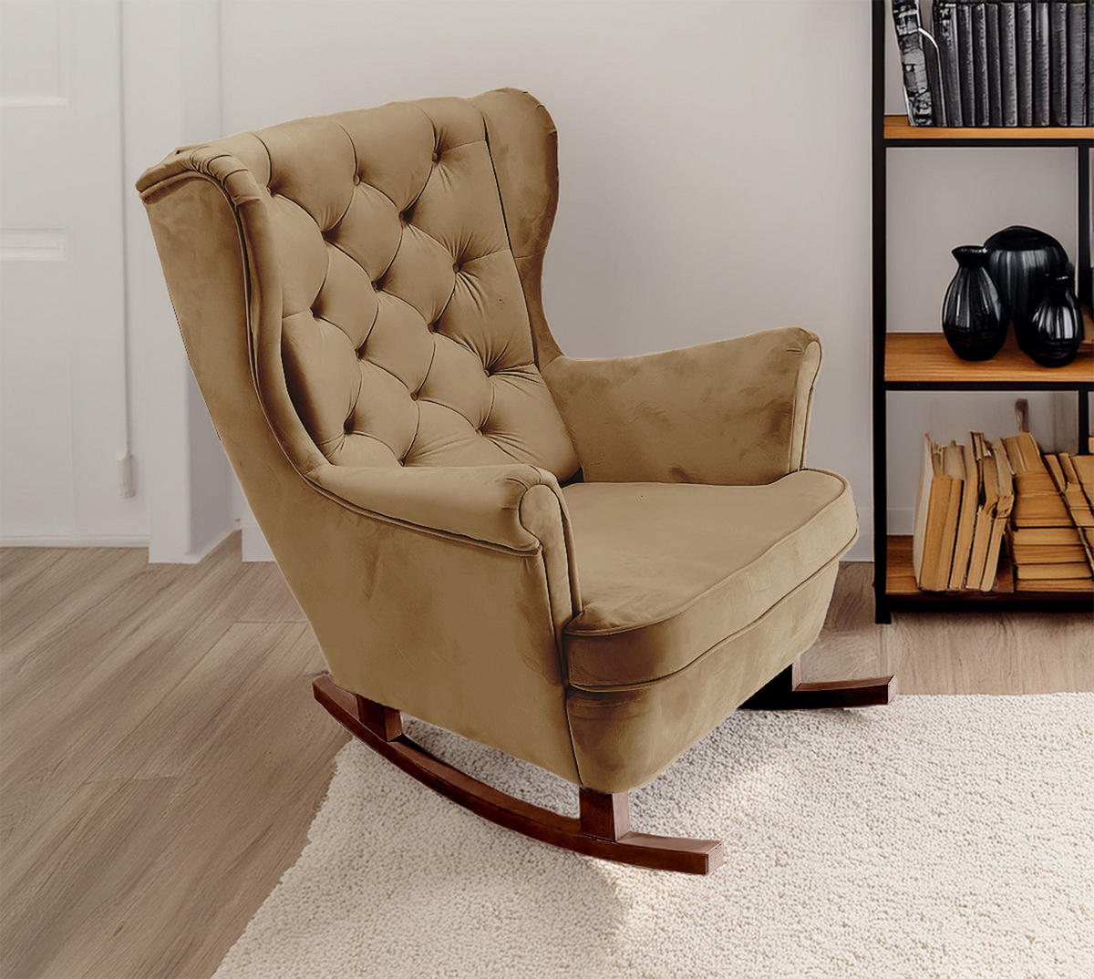 SCHAUKELSESSEL mit gepolstertem Sitz und Armlehnen, 102x81x95 cm, Cappuccino_29808 - Braun/Samtahornfarben, Holz/Textil (81/102/95cm) - DomoHome