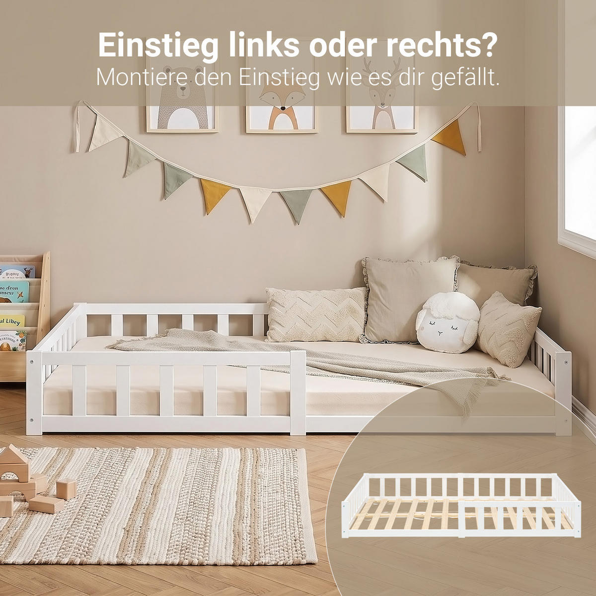 BODENBETT 120x200 cm in weiß Lattenrost + Matratze - Weiß, Holz (120/200cm) - Homestyle4u