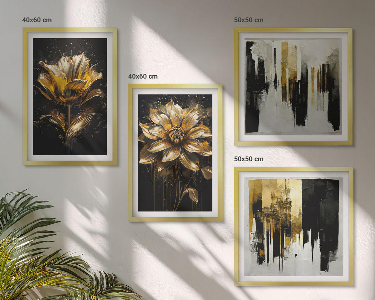BILDER SET 4er Set - 50x50 cm & 40x60 cm Goldrahmen - Stilvolle moderne Blumen - Goldfarben, Kunststoff (50/50cm) - TULUP