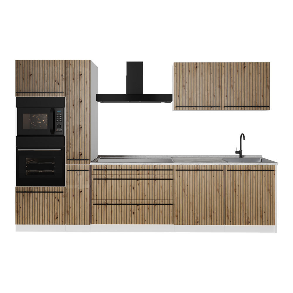 KÜCHENZEILE R-Line, Artisan-Eiche/Weiß, 310 cm Arbeitsplatte Marmor - Eiche Artisan/Weiß, Holzwerkstoff (310/206.8/60cm) - Vicco