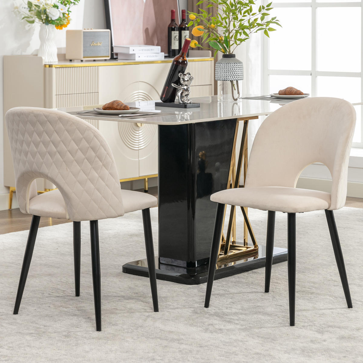 ESSZIMMERSTUHL 2-Tlg Samt Beige, Metallgestell, Diamant Rücken - Beige, Textil (47/84/44cm) - FLIEKS