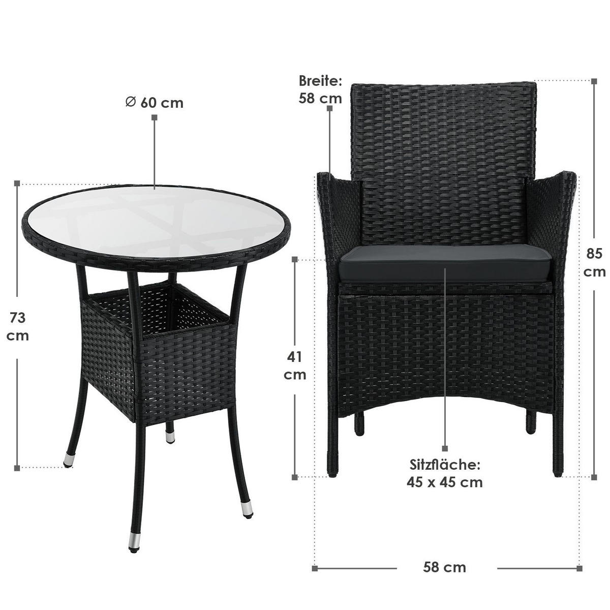 BALKON-SET Bayamo Polyrattan schwarz/dunkelgrau (3-tlg.) - Schwarz, Kunststoff - Juskys