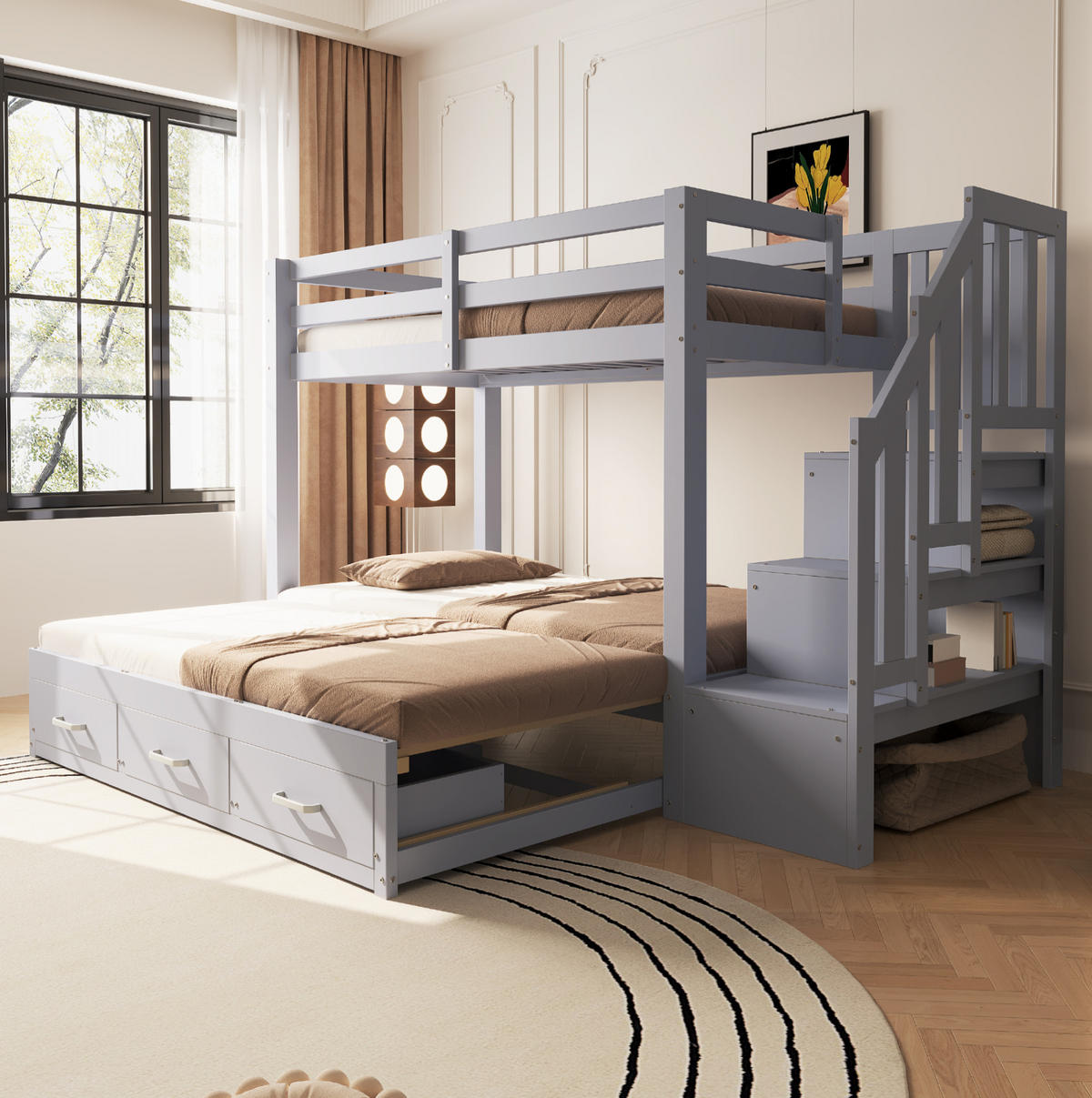 ETAGENBETT mit Ausziehbett und Stauraum 90x200 cm Kiefernholz Grau - Grau, Holzwerkstoff (90/200cm) - Beauniv