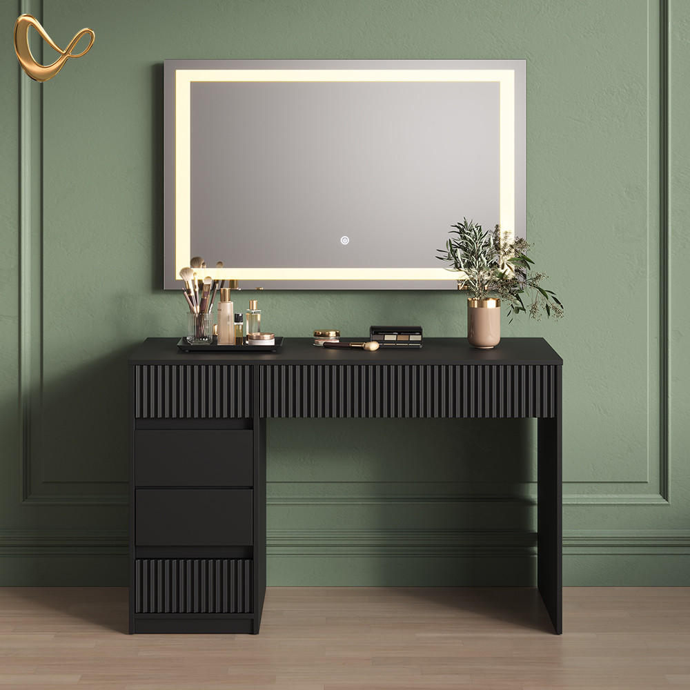 SCHMINKTISCH Allia Schwarz 120 cm mit LED-Spiegel - Schwarz, Holzwerkstoff (120/76/55cm) - Livinity®