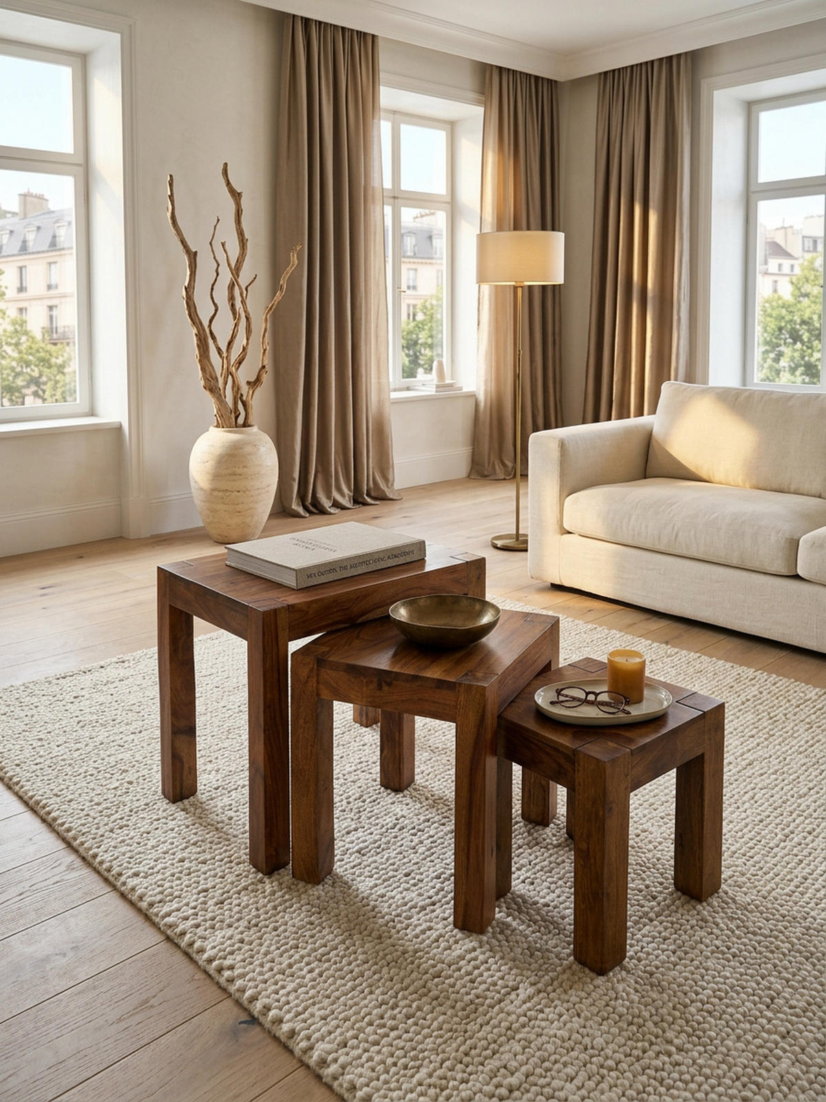 BEISTELLTISCH 3er Set Massivholz Platzsparend Landhausstil NAKO, Braun 50x36x45 cm - Braun, Holz (36/50/45cm) - KADIMA DESIGN