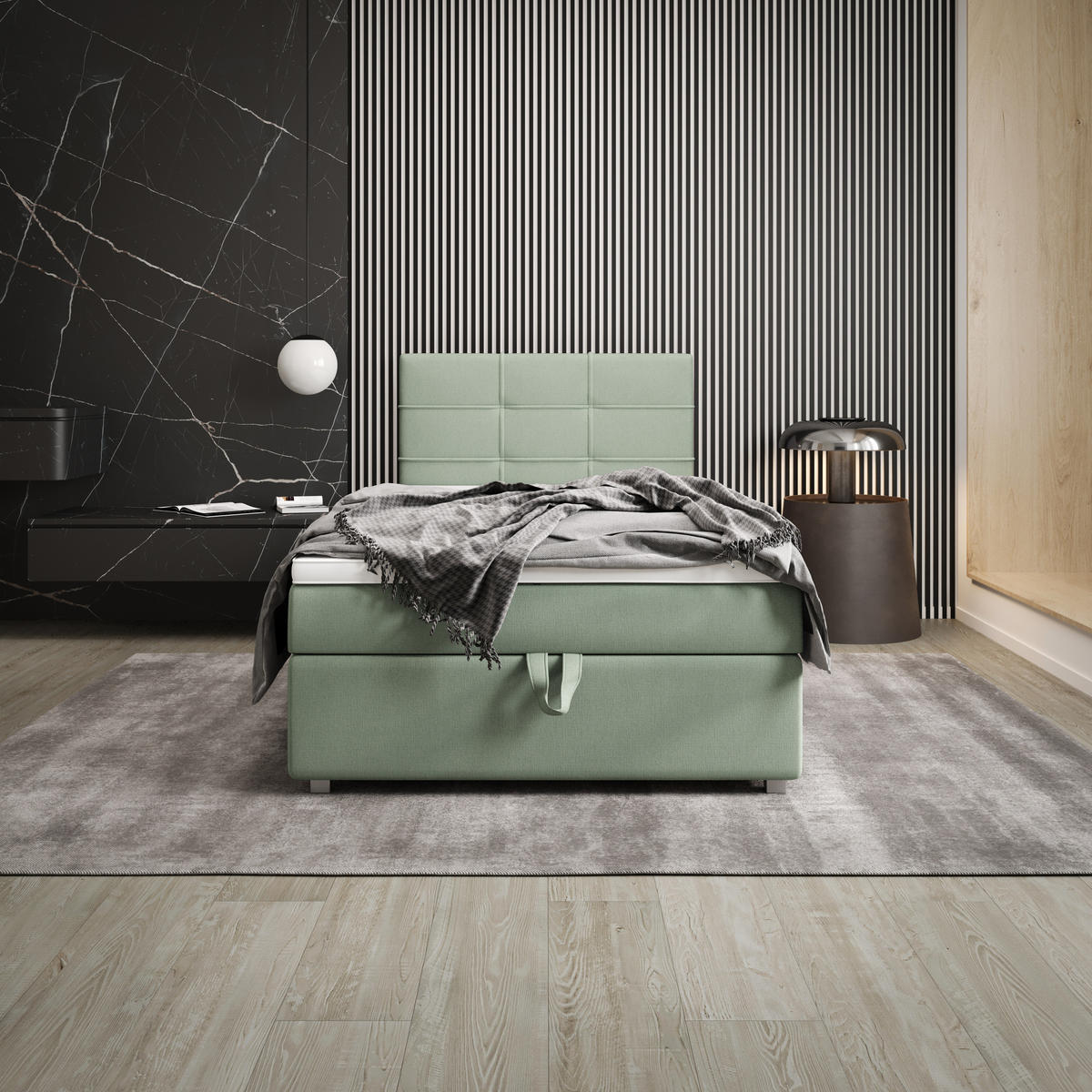 BOXBETT FADO 1 100x200, mit Matratze H3 und Topper, Cosmic 16 - Hellgrün, Holz/Kunststoff (100/200cm) - Bedante