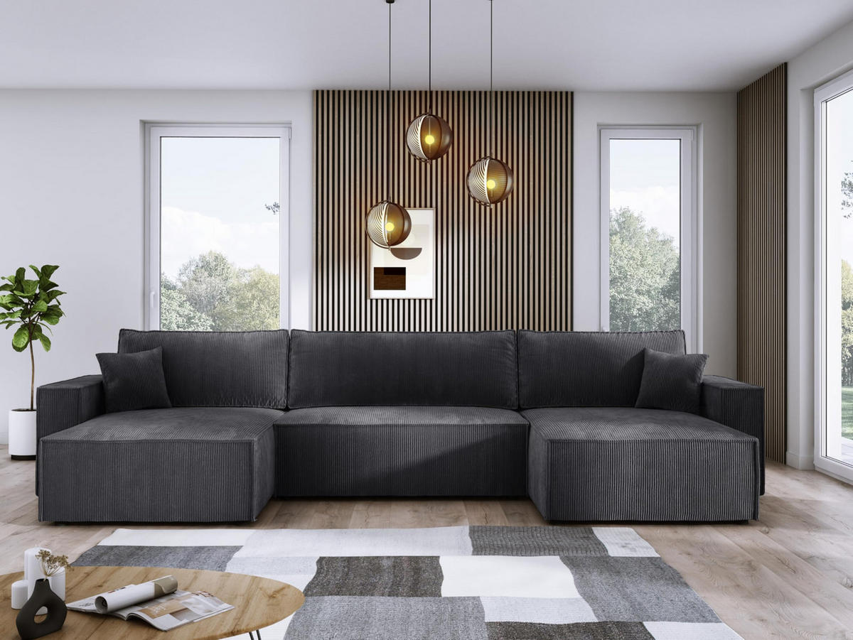 ECKSOFA Poso XXL U-förm, Schlaffunktion, weiche Kissen, Bettkasten, hochwertige Polsterung, lose Rückenkissen, freistehend, 377x143x83 cm Graphite - Graphitfarben, Holz/Textil (377/83/143cm) - DomoHome