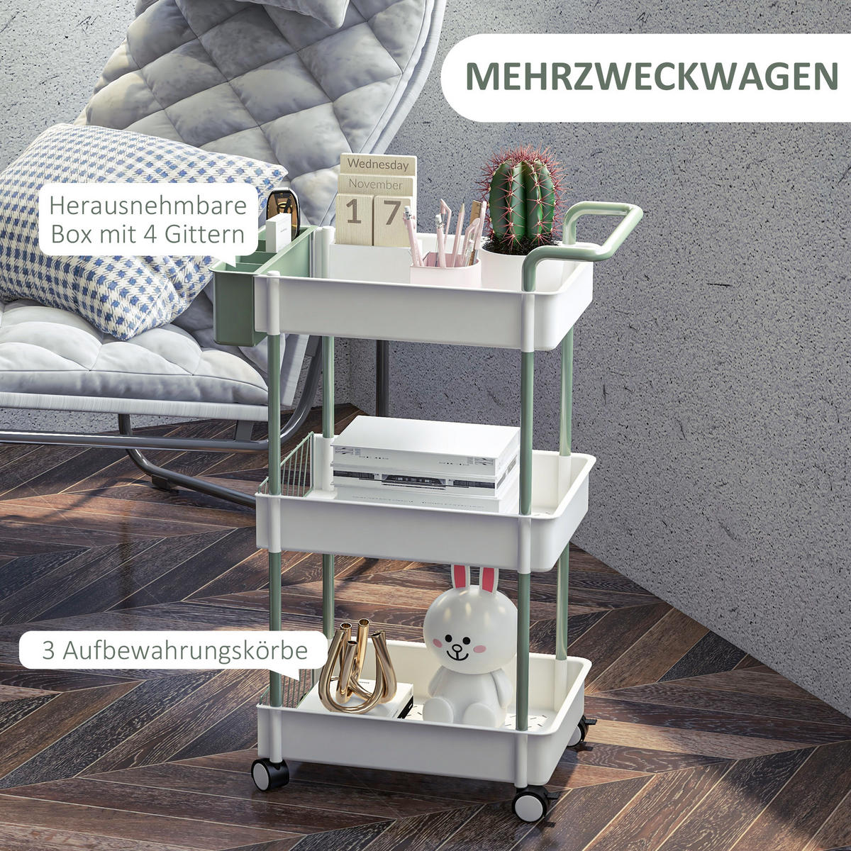 ROLLWAGEN mit 3 Etagen und Hängekorb 50 x 29,4 x 77 cm Weiß - Weiß, Kunststoff (29.4/77/50cm) - Beauniv