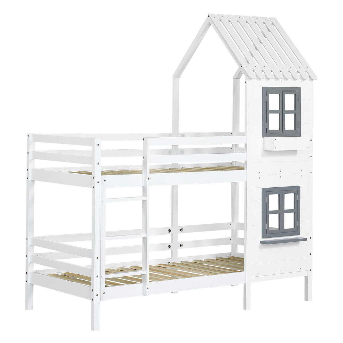 HAUSBETT 90/200 cm Weiß/Grau mit Fenstern und Leiter im Hausbett-Design - Weiß, Holzwerkstoff (90/200cm) - Flora Grace
