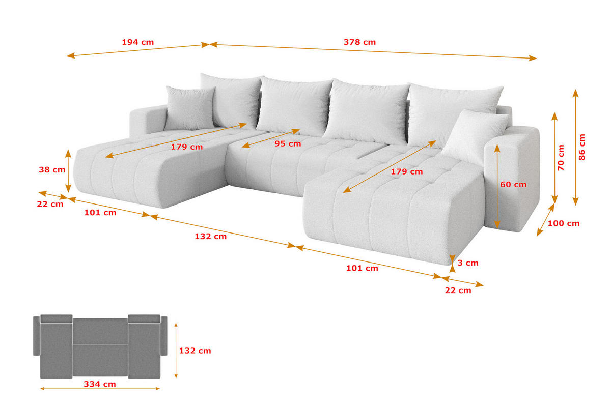 SEDACÍ SOUPRAVA DO U s funkcí spaní a úložným prostorem MILA-U 378x194x86 bílá bouclé - bílá/černá, kompozitní dřevo/textil (378/86/194cm) - ALTDECOR