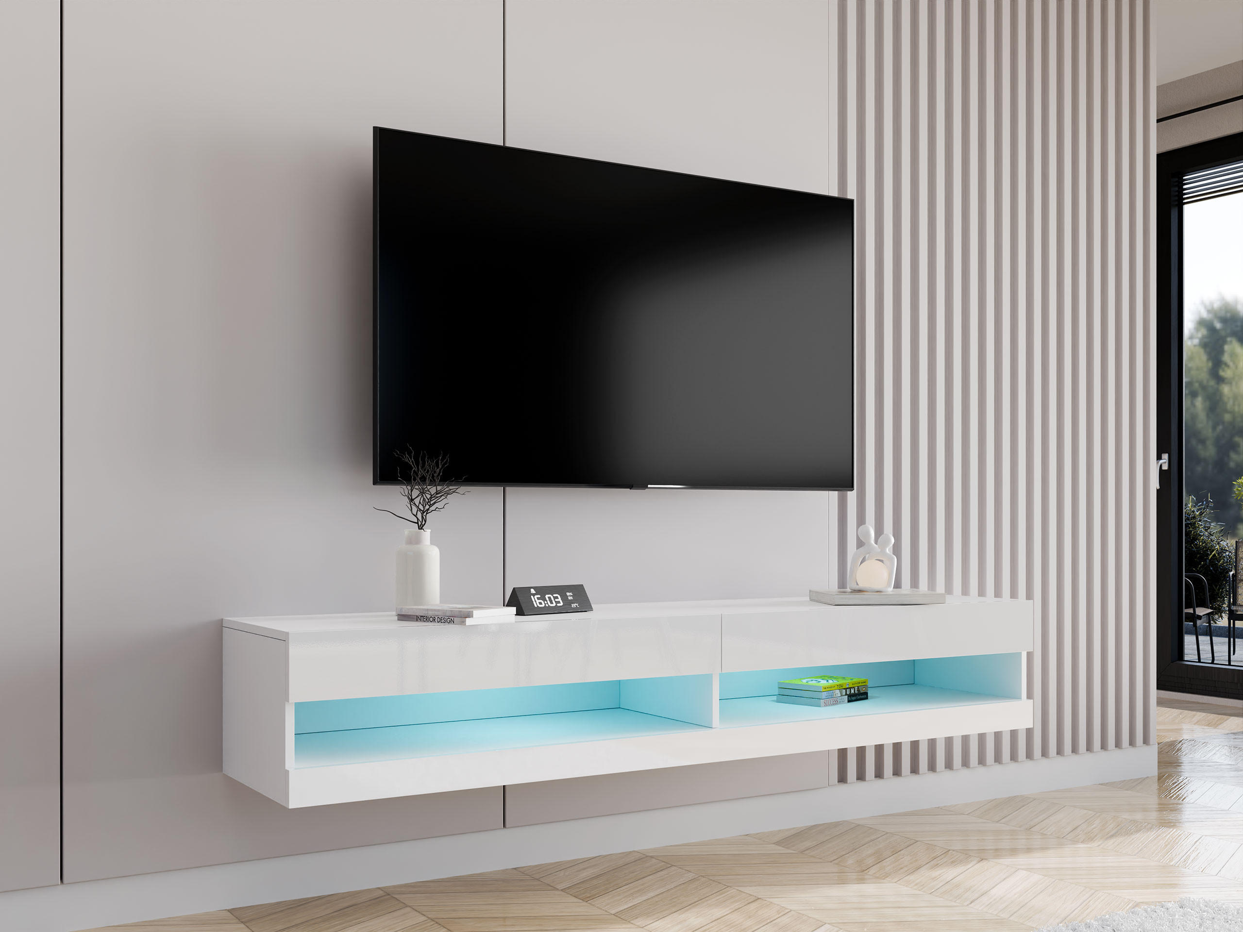 TV-LOWBOARD Vigo New 180 mit weißer LED Beleuchtung - Weiß Hochglanz/Weiß, Holzwerkstoff (180/30/40cm) - MIRJAN24