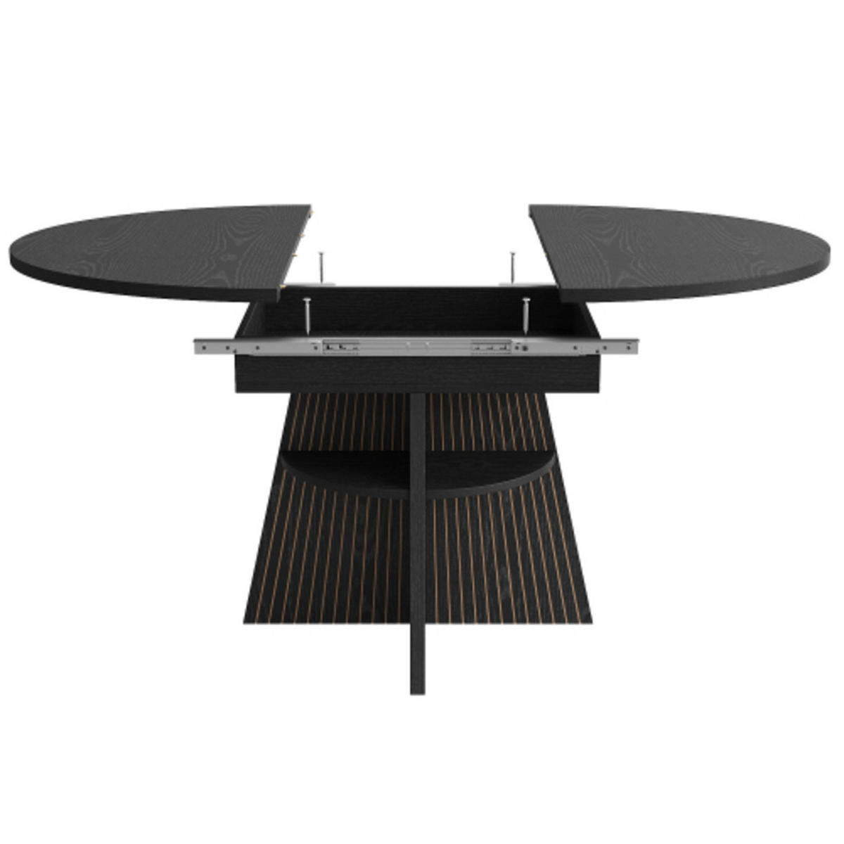 ESSTISCH Ausziehbarer 110-150×110×76 cm aus MDF und Metall mit Säulenfüßen und unterer Ablage, schwarz - Schwarz, Holzwerkstoff (150/110/76cm) - Luhomfu