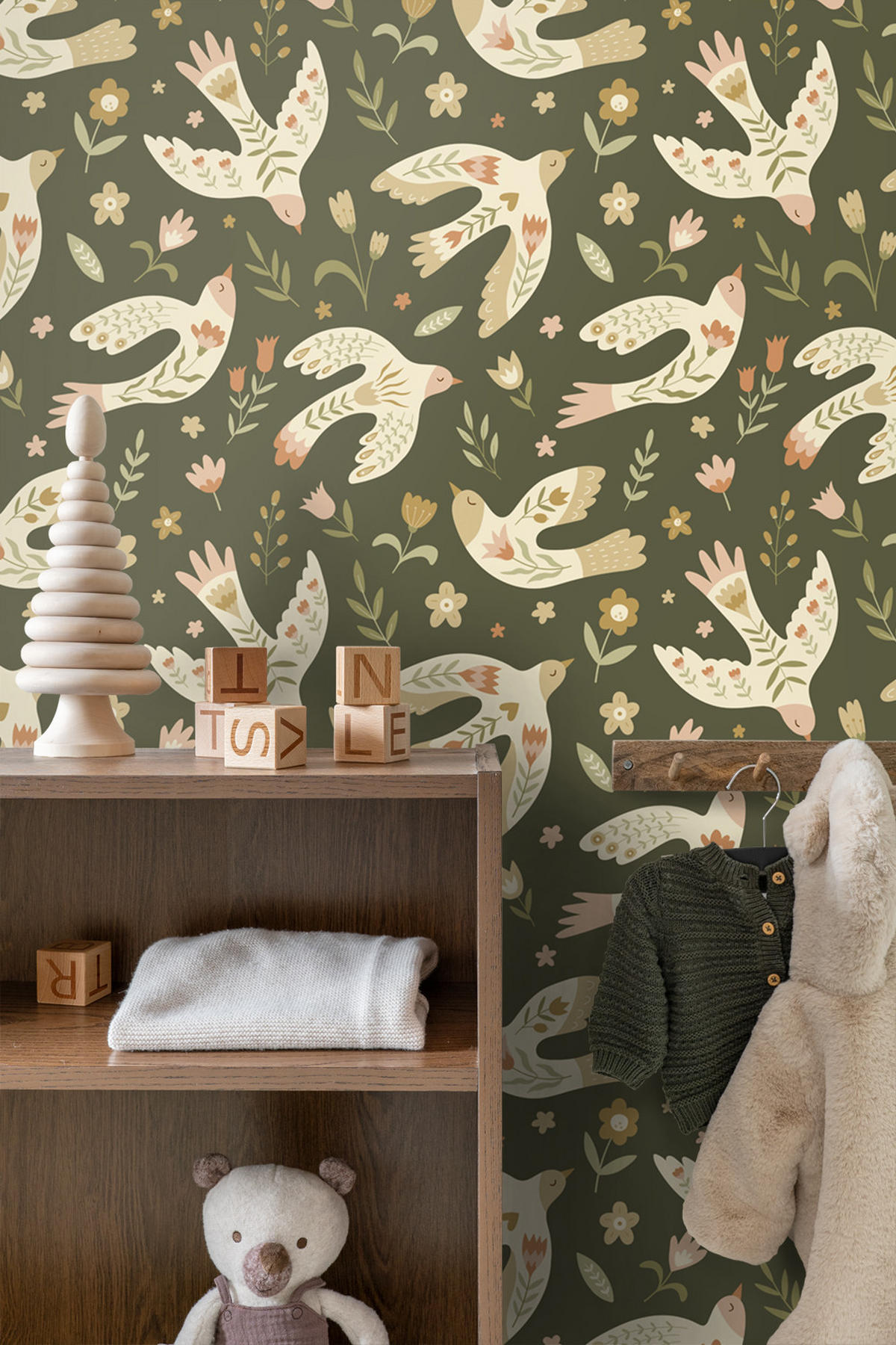 TAPETE Blumen und Vögel 50 x 900 cm - Grün, Papier (50/0.1cm) - ESTAhome