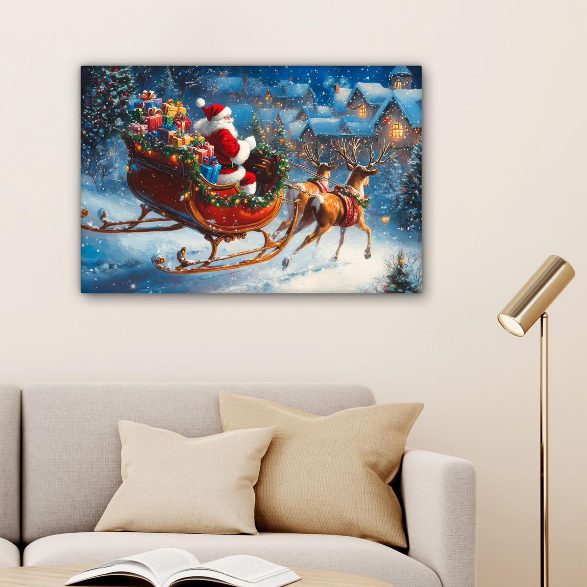 LEINWANDBILD Weihnachtsmann - Rentier - Weihnachten - Schnee Wanddeko 90x60 cm - Cognac, Textil (90/60cm) - MuchoWow