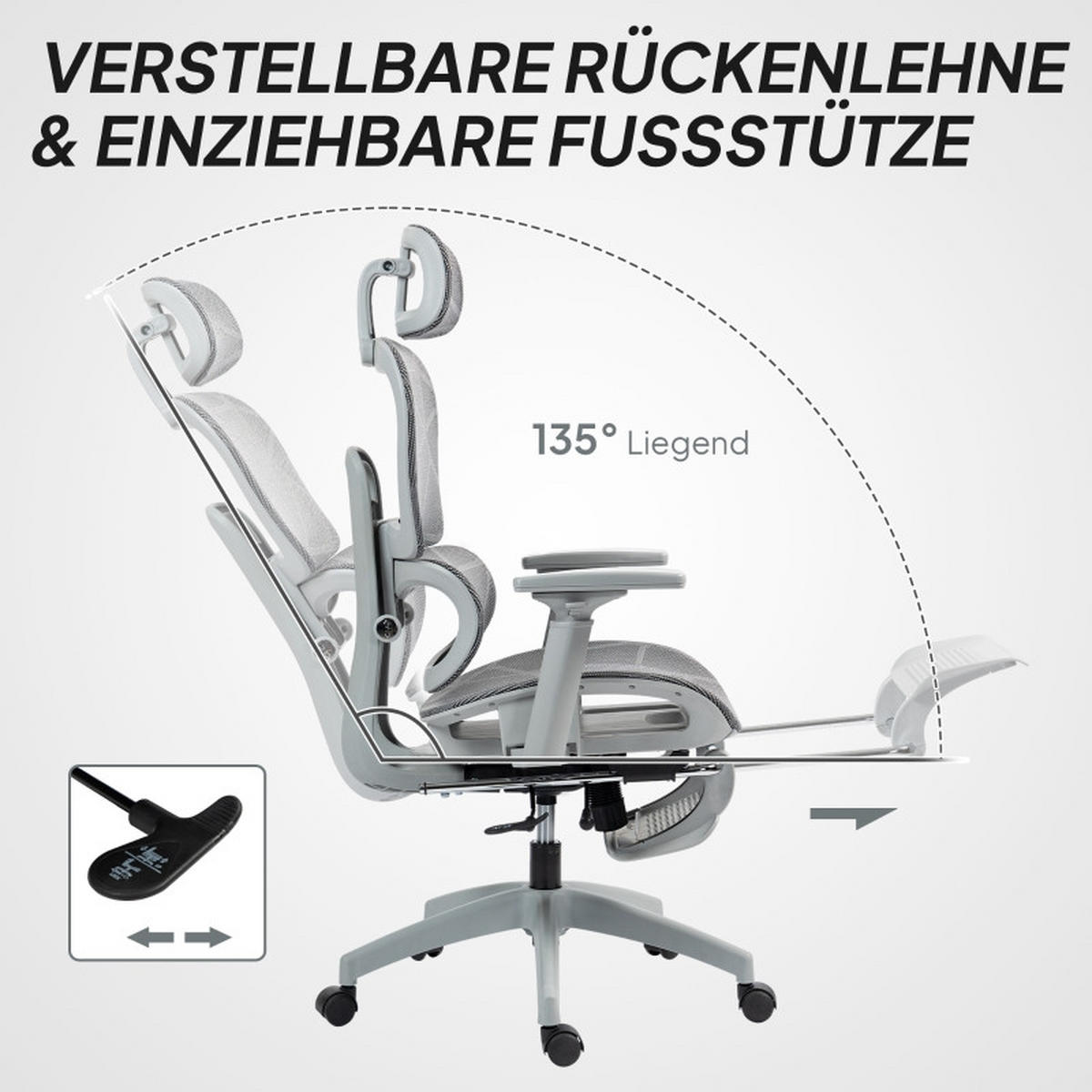 DREHSTUHL 66/64/114-122 cm, ergonomisch verstellbar, neigbar bis 135°, Grau - Grau, Kunststoff (64/122/66cm) - Redom