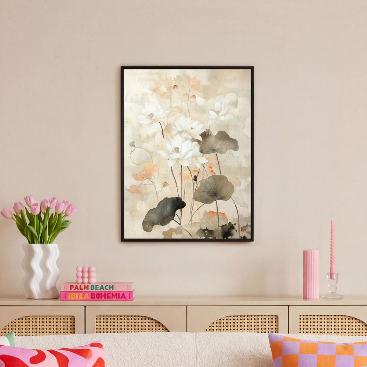 LEINWAND Bilder mit Rahmen - Blumen - Japandi - Wabi sabi - 60x80 - Sandfarben, Textil (60/80cm) - MuchoWow