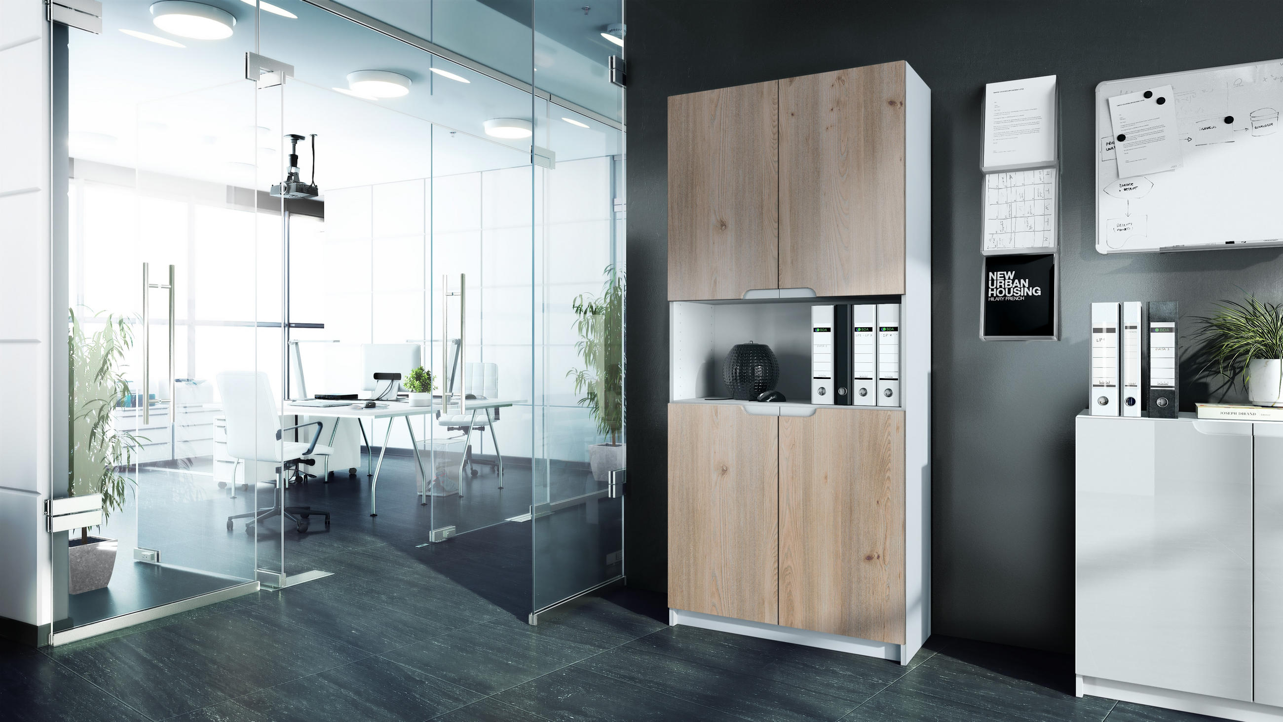 BÜROSCHRANK Logan Fronten in Eiche Nordic - Silbereichenfarben, Holzwerkstoff (82/184/37cm) - Vladon