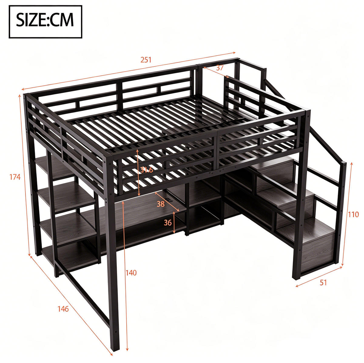 HOCHBETT 140/200 cm aus Metall mit TV-Ständer und Steckdose, Schwarz - Schwarz, Metall (140/200cm) - OKMYHOME