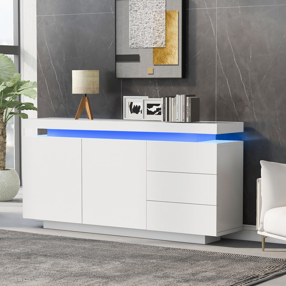 SIDEBOARD LED Weiß Hochglanz 2 Türen 3 Schubladen 140x35x72.5cm - Weiß, Holzwerkstoff (38/72/140cm) - FLIEKS
