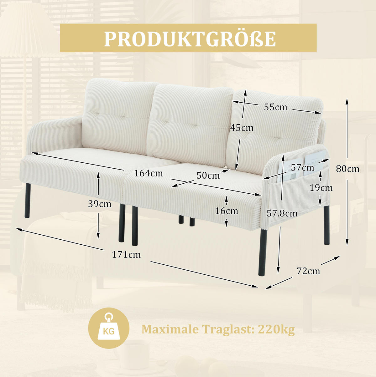 3-SITZER-SOFA 171/72/80 cm aus Cord mit Seitentasche Beige - Beige, Textil (72/80/171cm) - Modenvie