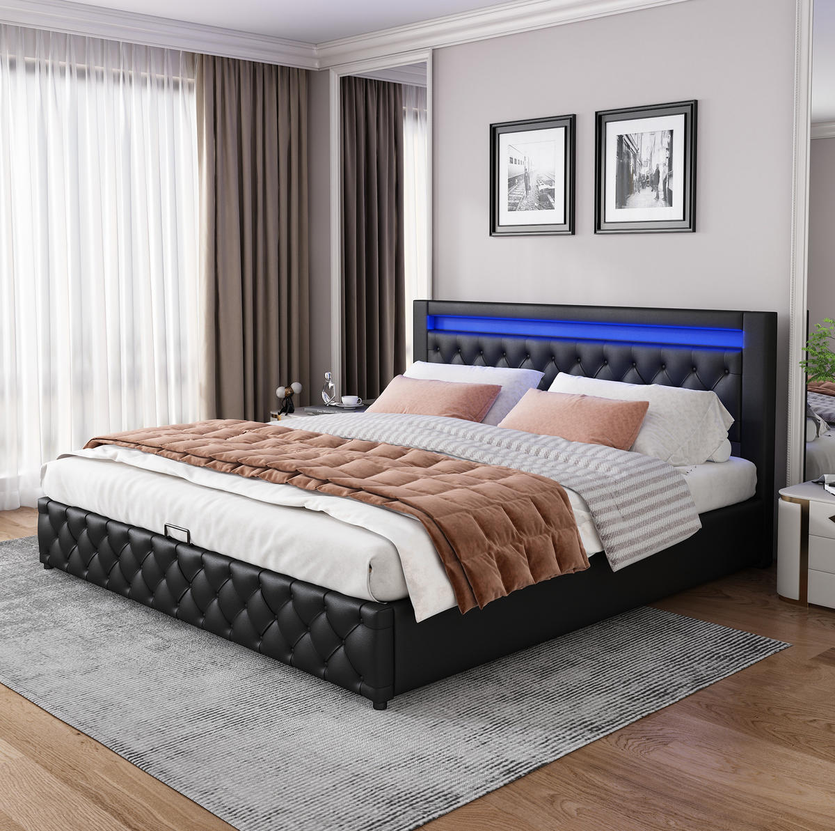 POLSTERBETT 140/200 cm Schwarz mit LED, Lattenrost und Stauraum - Schwarz, Kunststoff (140/200cm) - MIVRAY