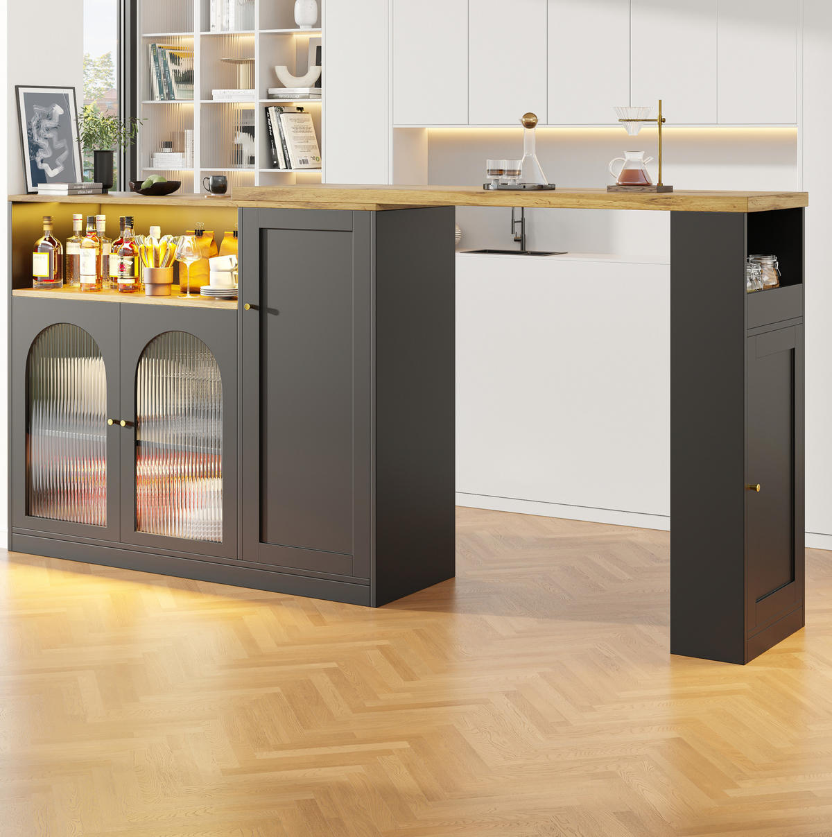 ESSZIMMERSCHRANK aus MDF 197 x 39,6 x 100 cm in Schwarz mit 360° Drehplatte & LED - Schwarz, Holzwerkstoff (197/100/39.6cm) - Modfu