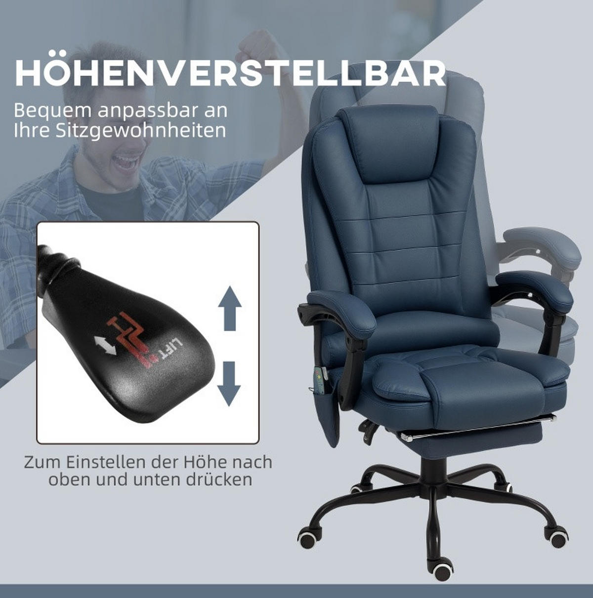 BÜROSESSEL mit Massagefunktion 67 x 67 x 111-121 cm Blau - Blau, Kunststoff (67/121/67cm) - Meubliv
