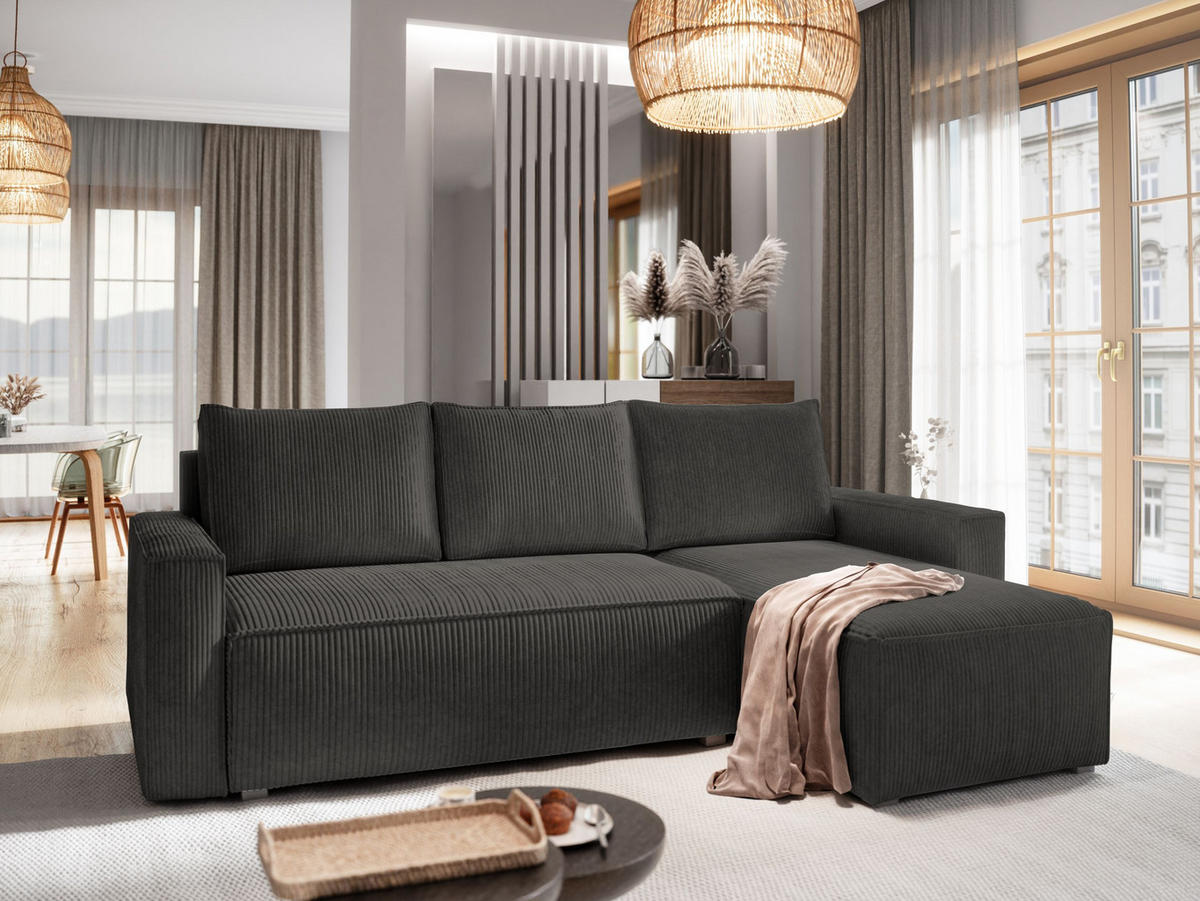 ECKSOFA POTARO Graphitfarben Kordstoff mit Schlaffunktion - Graphitfarben, Holz (232/140cm) - MASSENO