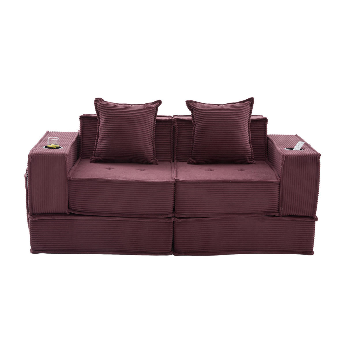 2-SITZER-SOFA aus Cord 78x162x66 cm Weinrot mit Seitentaschen, 2 Kissen und modularer Aufstellung - Rot, Textil (162/66/78cm) - Modfu
