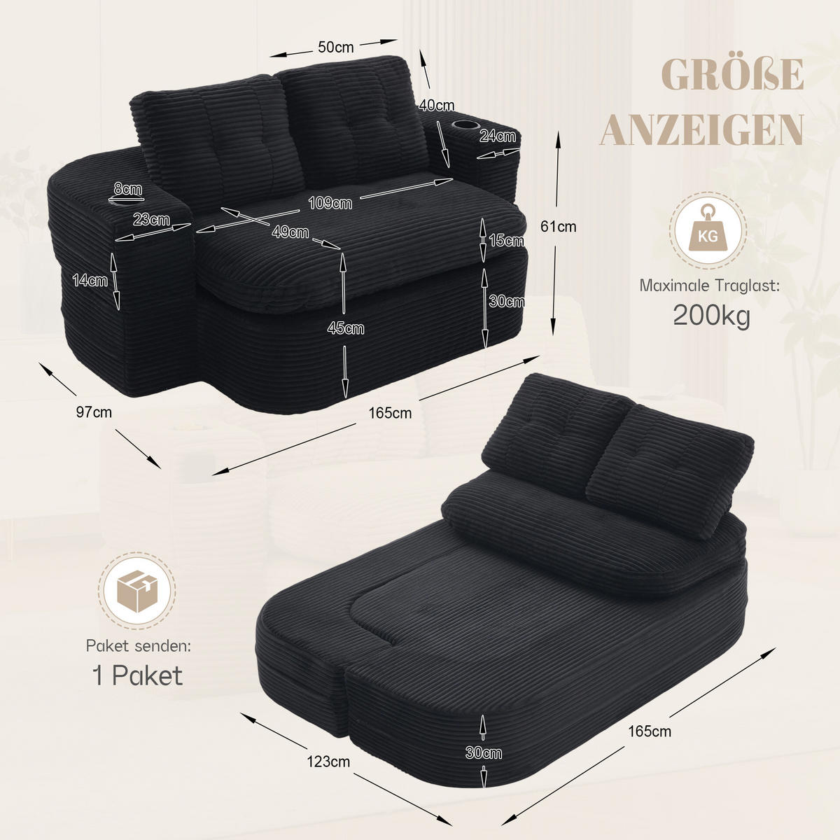 SOFA it Liegefunktion aus Cord mit verstellbaren Armlehnen und Getränkehaltern in Schwarz - Schwarz, Textil (165/61/97cm) - EVRYAE