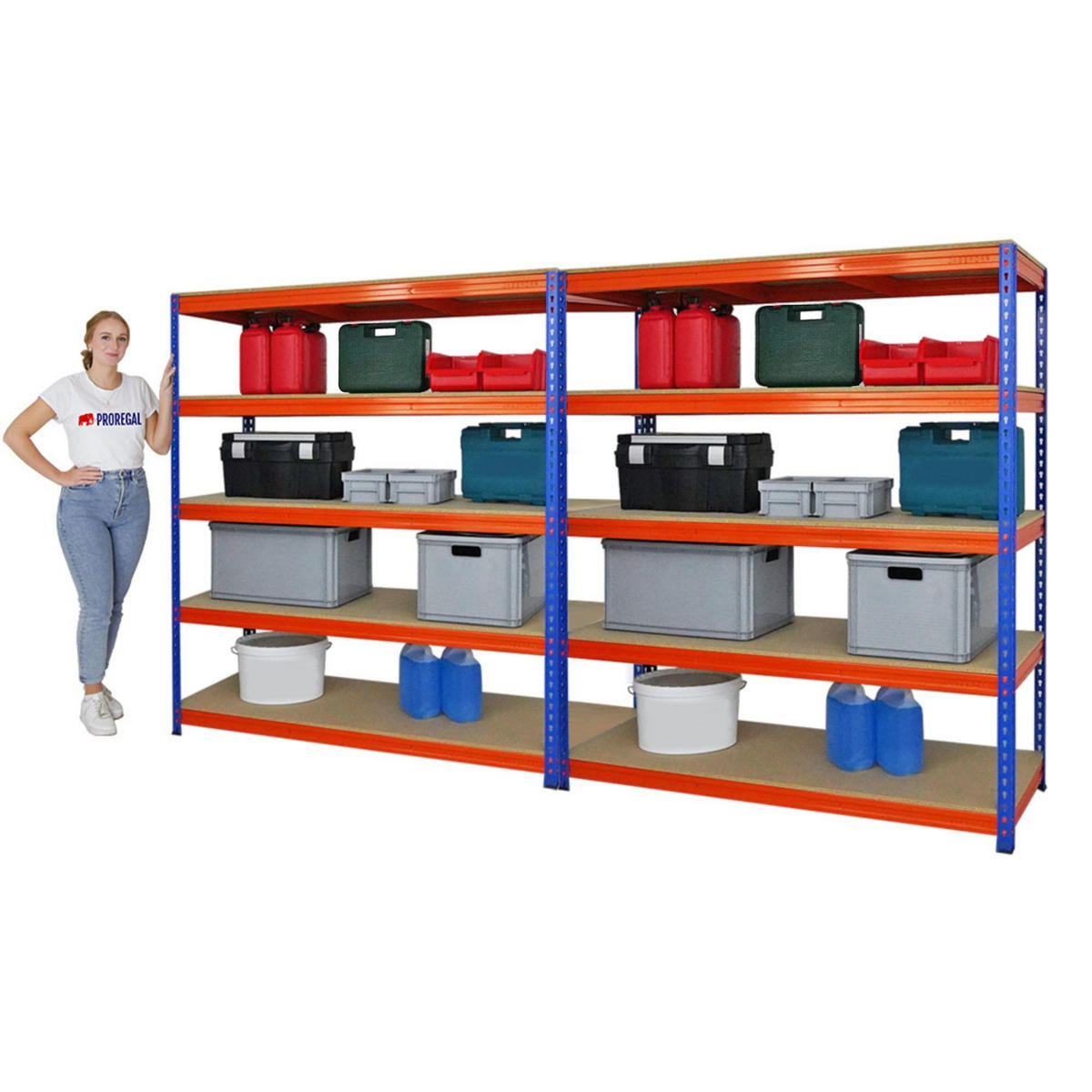 SCHWERLASTREGAL Bison 2er-Set mit 2x 200x180x60 cm 5 Fachböden Fachlast 600 kg Blau-Orange - Orange, Metall (360/200/60cm) - PROREGAL