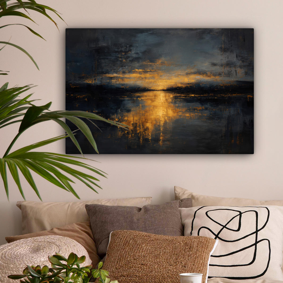 LEINWANDBILD Goldene Reflexion auf dem Wasser Wanddeko 90x60 cm - Anthrazit, Textil (90/60cm) - MuchoWow
