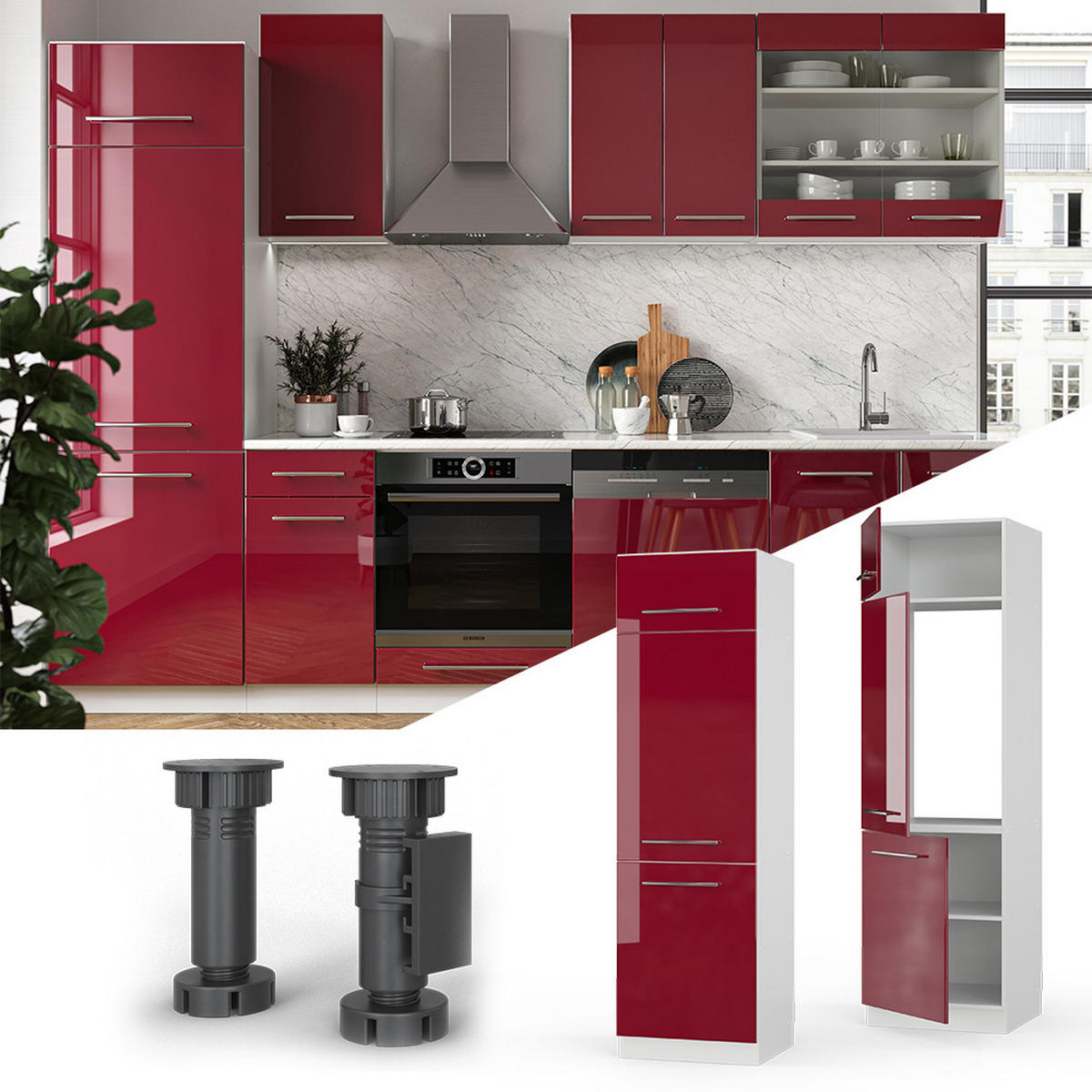 KÜCHENSCHRANK Fame-Line Bordeaux Hochglanz 60 cm - Bordeaux/Weiß, Holzwerkstoff (60/206.8/58.1cm) - Vicco